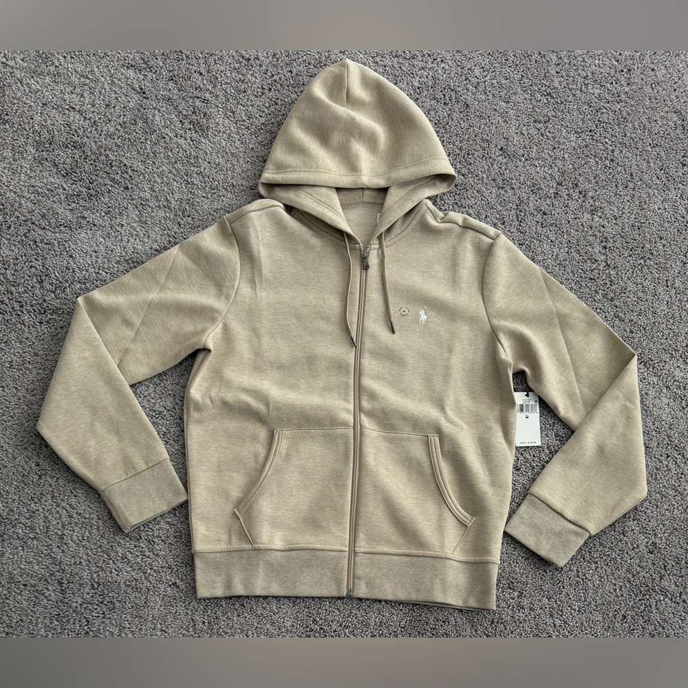 Polo Ralph Lauren RL Double‎ Knit Hoodie Jacket Pony Beige HTR Mens Size Medium